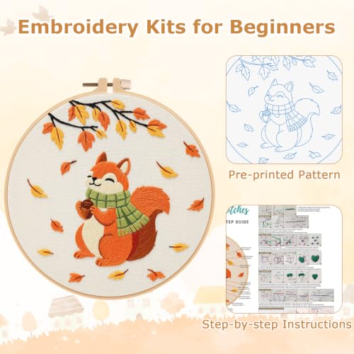 Louise Maelys Autumn Squirrel Embroidery Kit for Beginners Adults - color: Squirrel