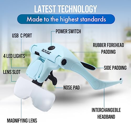 YOCTOSUN Magnifying Glasses with 4 LED Lights, 1X to 3.5X Head Magnifier - color: Light Blue