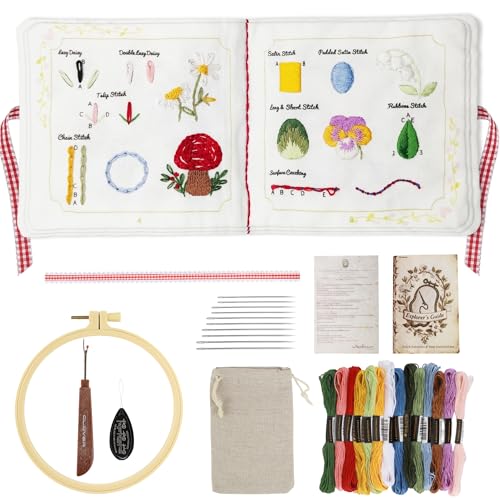 Zisekdy Embroidery Stitch Book Kit for Adults Beginners, 32 Stitches, Hand Embroidery Guide with Floral Patterns, Includes Hoop, Threads and Tools, DIY Sewing Craft Starter Set, Gift for Craft Lovers