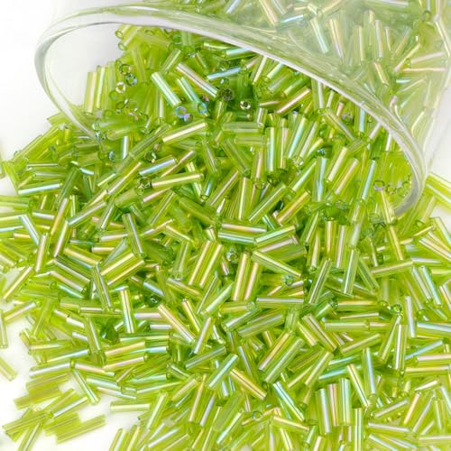 4000 Pcs Iridescent Light Green Glass Bugle Beads, 2 x 7 mm Embroidery Beads, Small Long Tube Seed Beads for Embroidery Craft Jewelry Making - color: Iridescent Light Green
