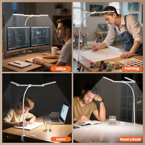 LED Desk Lamp for Office Home, Adjustable 3 Head Desk Light with Adapter - color: White
