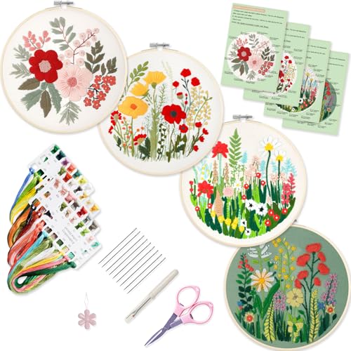 Bonroy Embroidery Kit for Beginners with Instructions,Cross Stitch Kits for Adults with Pattern,Needlepoint Kits for Adult Include Embroidery Cloth Hoops Needles Threads (flowers5) - color: flowers5