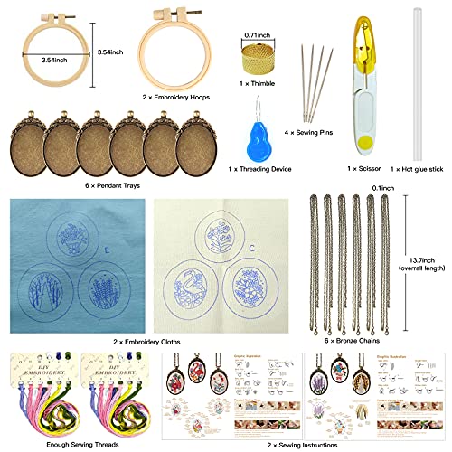 ZOCONE 6 Packs Embroidery Necklace Kit, Embroidery Pendant Kit Mini Cross Stitch Kit with 4 Hoops, Necklace, Pendant, Stamped Pattern Cloth, Instructions, etc., Embroidery Kit for Adults - color: 6 Packs-H