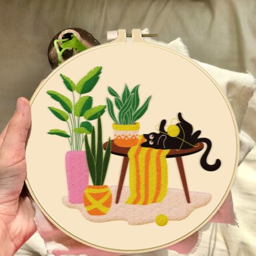 BEUNITONE Kitten Embroidery Kit for Beginenrs Hand Sewing Embroidery Kits with Cat Pattern DIY Embroidery Kit with Kitten Colourful Threads Needles Instructions - style: A-Cat-04