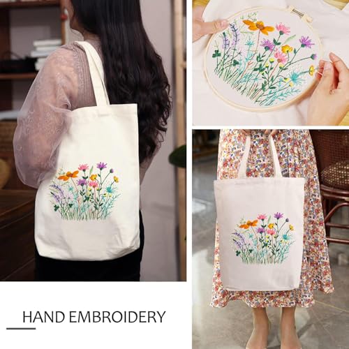 Embroidery Kit Canvas Tote Bag, Hand Embroidery Kit with Floral Pattern for Beginners, Cross Stitch Kits for Adults, Arts and DIY Crafts Kits, Embroidery Starter kit with Embroidery Bag and Tools - color: Beige Multi