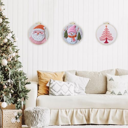 LB Pink Christmas Embroidery Kit for Beginners Adults, 3 Sets Hand Embroidery Starter Kit with Santa Pattern and Instructions Stamped Cross Stitch Kits Include Embroidery Hoop Needles Threads Scissors - color: Green White