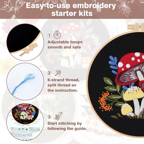 RidaaFri Embroidery Kit for Beginners, 3 Pk Stamped Mushroom DIY Craft