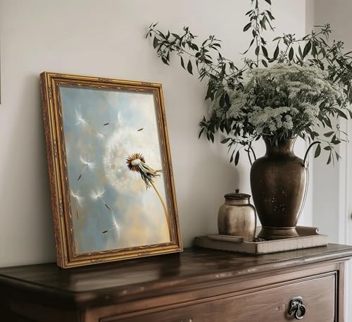 Vintage Gold Frame Timeless Dandelion Wall Art Rustic Farmhouse Flower Botanical Wall Decor Painting Picture Cottagecore Plant Floral Oil Canvas Prints Painting Print, Elegant Nature for Living Room Bedroom, Spiritual Inspirational - color: Botanical, siz