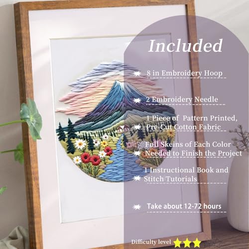 FONNUY Embroidery Kit for Beginners, Flower Hill Nature Landscape Pre-Stamped Pattern Kits for Adults with Hoop, Easy to Follow Color Thread Needlework, 8'' Hoop (Purple Blue) - color: Purple Blue