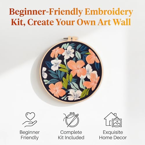 Harimau Adult Beginner Embroidery Starter Kit, Complete Set with 4 Patterns, 2 Hoops, Needles, Scissors, Instruction Guide & Stitching Video Tutorials - color: Floral9 pattern