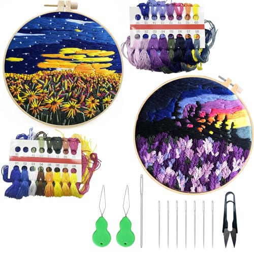 Allazone 2 Sets Embroidery Kit for Beginners, Stitch Practice Kits for Craft Lover Hand Stitch with Embroidery Fabric with Stamped Pattern, Starter Stitch Kits Suitable for Adults (Sunset) - color: Sunset