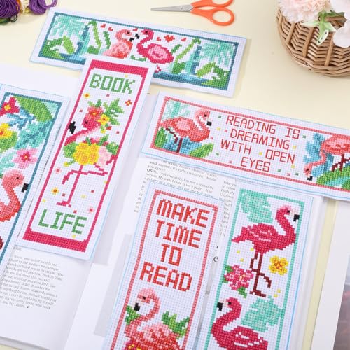 ORIGACH 6 Pcs Cross Stitch Bookmark Kit for Beginner Flamingo Bird Pattern Stamped Embroidery Stitch Kits for Starter DIY Bookmarks Printed Cross Stitch Kits for Book Lovers - style: Flamingo