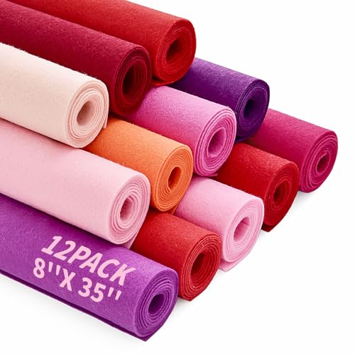 12 Rolls 8"x35" Large Stiff Felt Sheets, 1mm Felt Fabric Sheet for Crafts - color: Red Series