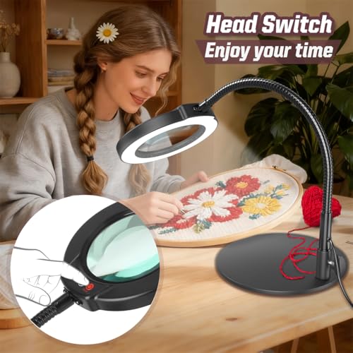 10X Magnifying Glass with Light and Stand, 16.5in Flexible Goose-Neck, 5 Color Modes Stepless Dimmable LED Lighted Desk Lamp, Hands Free Magnifier for Crafting Hobby Painting Close Work - Black - color: Black, size: 10X-16.5in