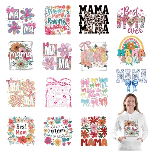 Whaline 15 Pcs Mother's Day Iron on Transfer Patches Heat Transfer Iron Patches Floral Bow Mama Flower Heat Transfers Vinyl Stickers for DIY Crafts Clothing Fabric