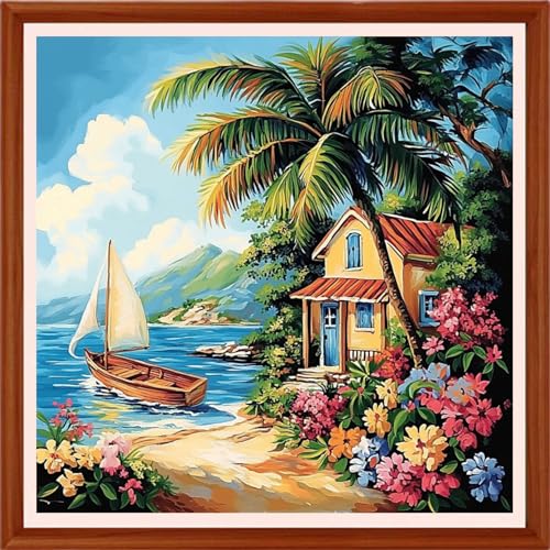 Redxing Counted Cross Stitch Kit for Beginners,Unprinted Needlepoint Kits for Beginners Cross Stitching Embroidery Kit 11CT Stitches kit-Seaside Scenery 18x18 inch - color: Setpattern07