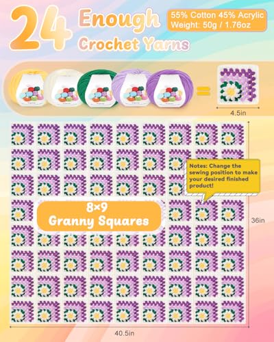 Coopay Crochet Blanket Kit for Beginners, Easy 3D Granny Square Blanket Kit - color: Purple- 3D Daisy