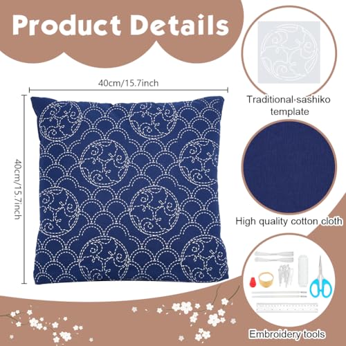 WEBEEDY DIY Sashiko Pattern Pillowcase Set Sashiko Pillow Cover Template Kit，Japanese Embroidery Kit with Instruction for Beginners Home Sofa Pillow Cover Needlework Gift,40x40cm/15.7x15.7