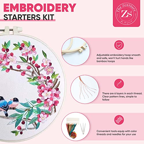 The ZenStore Birds & Flowers Embroidery Kit for Adults – Beginner DIY Hand Embroidery Set with Hoop, Stamped Fabric, Thread & Needles – Floral and Plant Pattern Sewing Craft Kit for Women & Teens - color: Floral Embroidery Kit For Beginners