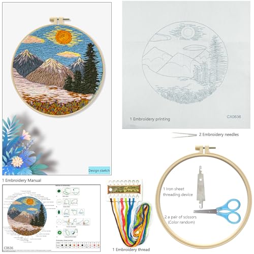 Zhenqing Mountain Sunrise Embroidery Kit for Beginners, Landscape Needlework Kit with Pre-Printed Fabric, Hoop, Threads & Tools, Cabin Wall Decor (S-CX0636) - color: Mountain Sunrise