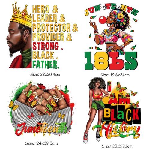 Juneteenth Iron on Transfer Patches 4 Sheets Juneteenth Washable Heat Transfer Vinyl Decals Black History Month Iron on Stickers 1865 Black Men Pattern Heat Press Decals for Clothes T-Shirt Hoodies - color: Juneteenth A