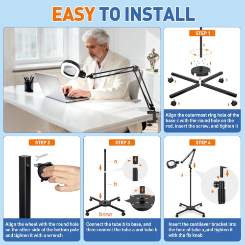 Floor Magnifying Glass with Light, 4 Wheel Stable Stand Base 12X - color: Black