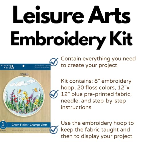 LEISURE ARTS Embroidery Kit for Beginners - Green Fields - Cross Stitch Kit for Adults - Includes 8'' Hoop & Pattern