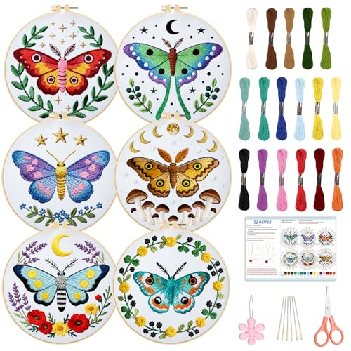 BEUNITONE 6 Set Moth Embroidery Kit for Adults Beginners, DIY Needlepoint Craft Kits with Instructions and Hoops, Complete Starter Set for Adults, Handmade Embroidery for Gifts and Home Decor 20x20cm - style: Moth
