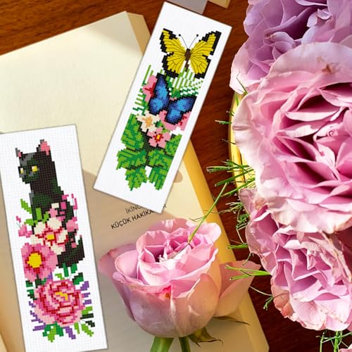 BEUNITONE 6 PCS Cross Stitch Bookmark Kit for Adults Beginners,Animal and Floral Pre-Printed Cross Stitch,DIY Stamped Embroidery Bookmark Kits,with Instructions,Craft Kit for Book Lovers 8.5''x3'' - style: Animals And Flower Plants