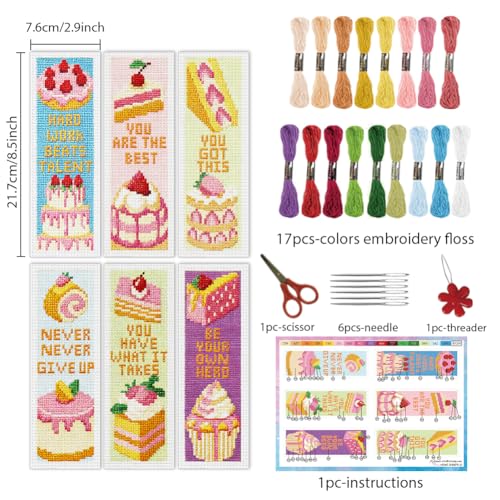 INFUNLY 6PCS Fruit Cake Cross Stitch Bookmark Kit for Adult 3×8.5inch DIY Inspirational Word Embroidery Bookmark Set with Instruction Birthday Cake Counted Cross Stitch Kit for Student Book Lover - style: Fruit Cake