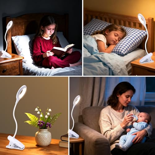 Akynite Clip on Light LED Desk Lamp 5 Brightness+5 Colors Rechargeable Lamp - color: White