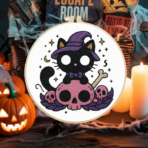 FREEBLOSS 4 Sets 11.6" Embroidery Kit for Beginners Needlepoint Embroidery Starter Kit with Halloween Stamped Patterns, Instructions, Colored Threads, 2 Hoops - style: Halloween
