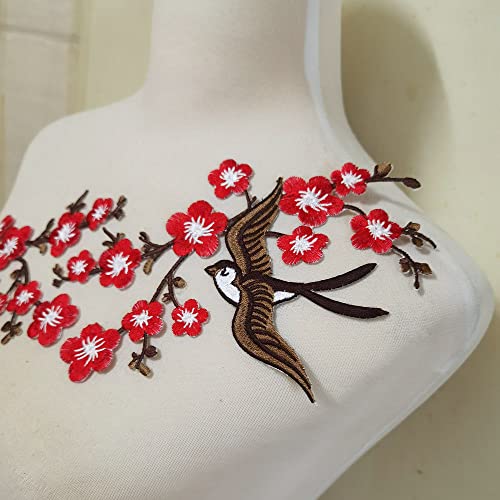 1pair Quince Sakura Flower Embroidery Iron On Applique Patches (Red H) - color: Red H