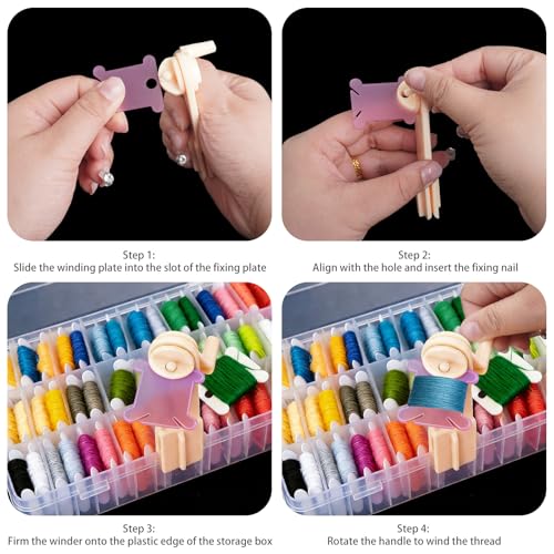 ENIPEDITA 610 Pcs Embroidery Floss Organizer Kit, 4 Removable 24 Grid Thread Storage Boxes, 600 Plastic Bobbins 3 Bobbin Winders, 3 Twin Tip Markers for Craft Storage, DIY Sewing, Cross Stitch