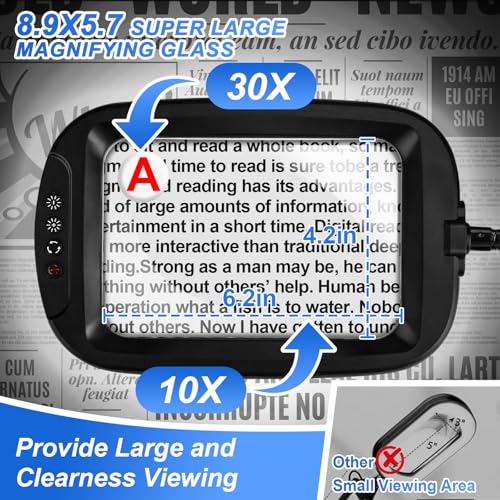 10X 30X 7'' Extra Large Magnifying Glass with Light and Stand, 5 Color LED