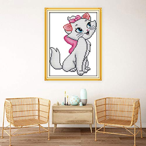 Cross Stitch Stamped Kits Pre-Printed Cross-Stitching Starter Patterns for Beginner Kids or Adults, Embroidery Needlepoint Kits (Pink cat 9.4×13 inch) - color: Pink cat, 9.4×13 inch