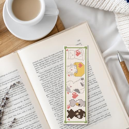 FREEBLOSS 6 Set Cross Stitch Bookmark Kit 8"x2.4" 11CT Cartoon Cat - style: Cats Life