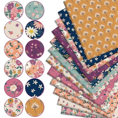 Whaline 12Pcs Retro Floral Cotton Fabric Bundles Pre-Cut Large Squares Colorful Vintage Wildflower Quilting Fabrics for DIY Handmade Sewing Craft, 14 x 14 Inch - size: 14 x 14 Inch