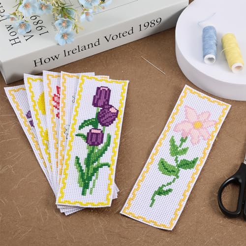 FREEBLOSS 6 Set Cross Stitch Bookmark Kits 11CT 8"x2.4" Vivid Flowers - style: Flower Branches 1