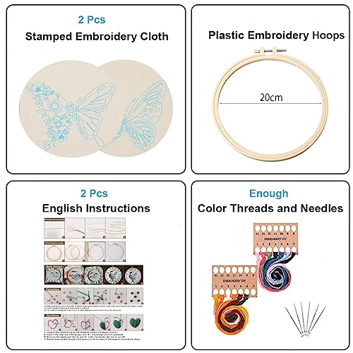 Konrisa Embroidery Kits with Butterfly Flower Pattern, Stamped Embroidery Starter Kit for Beginners Adults Needlepoint Kits Include Embroidery Fabric Embroidery Hoop Threads and Needles,Set of 2 - color: Butterfly02