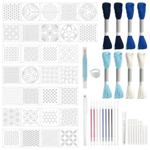 64 Pcs Sashiko Kit - 30 Sashiko Templates, 8 Skeins Sashiko Thread, Needles, Water Erasable Pens, Thimble & Seam Ripper for Japanese Embroidery, Hand Quilting & Mending