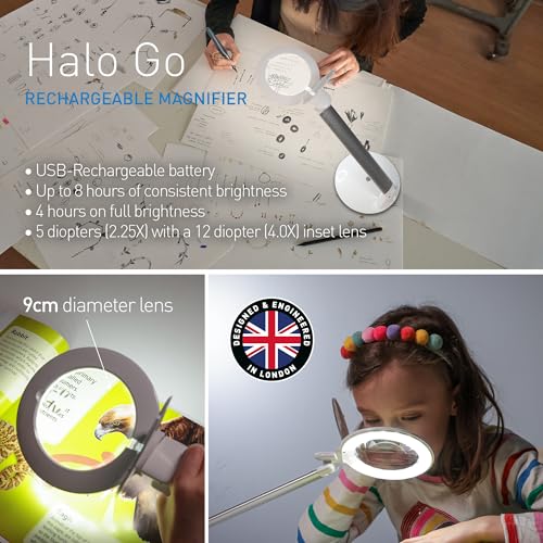 Daylight Company Halo Go Magnifier Lamp, Rechargeable USB, Portable, Lightweight, Desk Lamp Reading, Hobbies, Sewing, Crafts, Nail Salon, Handcrafts and More, Colour Temperature: 6,000 K, White - style: Modern