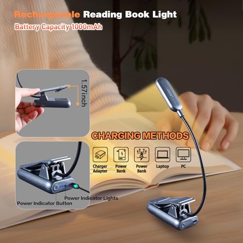 VAVOFO Rechargeable Reading Light, Clip on Book Light for Reading in Bed - color: Metallic Grey