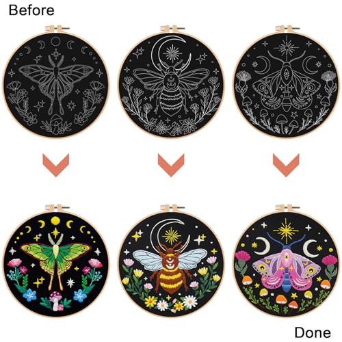 Nuberlic 3 Pack Embroidery Kit for Beginners, Moth and Bee Patterns - color: Moth and Bee