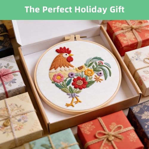 Herdiese Embroidery Kit for Beginners & Adults, Rooster Flower Cross Stitch - color: Rooster
