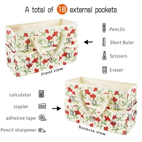 Craft Organizer Tote Bag with Multiple Pockets,Scrapbooking Art Storage - color: Red Flower