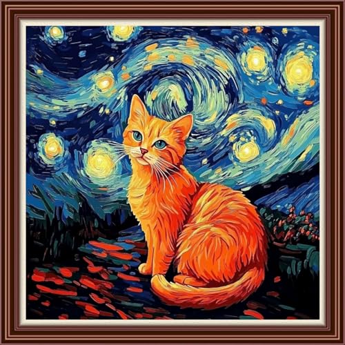 Dimensean Counted Cross Stitch Kit for Beginners, 11CT Unprinted Cross-Stitch Kit Easy Patterns Needlepoint Kit Cross Stitching Embroidery Kit Supplies-Cat Watching Van Gogh's Starry Sky 18x18 inch - color: Patterns19