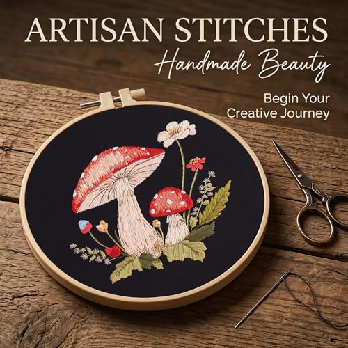 Harimau Adult Beginner Embroidery Starter Kit, Complete Set with 4 Patterns, 2 Hoops, Needles, Scissors, Instruction Guide & Stitching Video Tutorials - color: Mushroom1 pattern