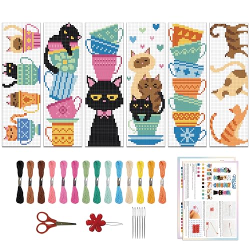 ORIGACH 6 Pack Cat Teacup Cross Stitch Kit, - style: Cat Teacup