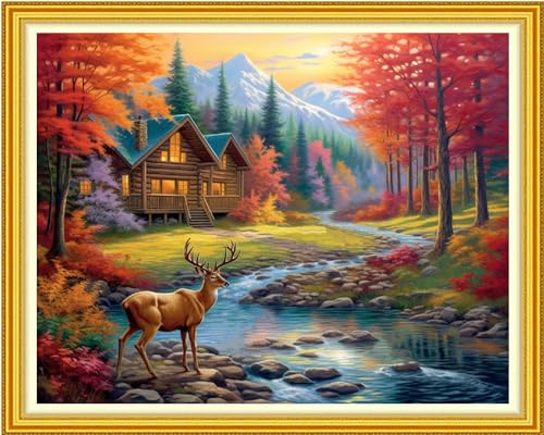 Funxvoot Stamped Cross Stitch Kits Beginners Full Range of Embroidery Kits for Adults 11CT Embroidery Patterns Needlepoint Kits Printed Cross Stitch Kits-Elk Scenery 16x20 inch - color: Craftsstyle21